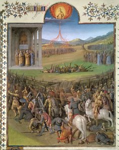 Ms Fr 247 f.70 Bataille des Hébreux contre les Cananéens et le Châtiment de Coré et des rebelles, illustration des 