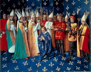 Le couronnement de Philippe Auguste à Reims le 1/11/1179. Miniature des Chroniques de Saint-Denis par Jean Fouquet (1420-1481) 15ème siècle. Paris, B.N.