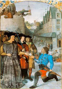 Le vicomte de Rochechouart recevant un messager royal. Miniature de Jean Fouquet (1420-1481) des "Grandes Chroniques de France". 1455-1460 - Jean Fouquet