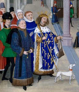 (détail) Le roi saint Louis (Louis IX (1214-1270) prêt à partir outre-mer. Miniature des Grandes Chroniques par Jean Fouquet (1420-1481), Paris, Bibliothèque de l