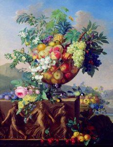 Coupe avec fleurs et fruits