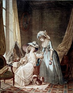 La confession difficile. Une servante écoutant sa maîtresse. Gravure de Jean François Janinet
