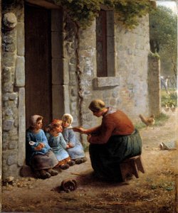 La becquée ou paysanne nourrissant ses enfants. Peinture par Jean François Millet (1814-1875)