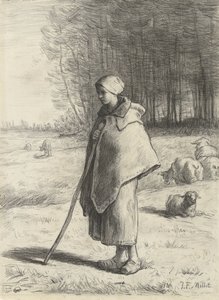 Bergère appuyée sur un bâton
