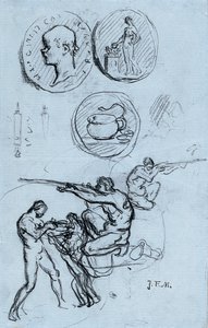 Trois études pour des pièces antiques, des chasseurs et un homme avec un lion - Jean Francois Millet