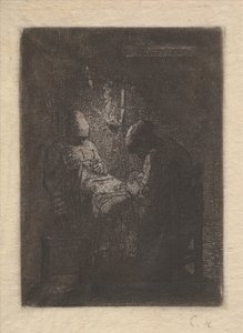 Deux femmes cousant à la lumière d