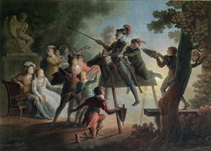 Don Quichotte et Sancho Panza sur un cheval de bois