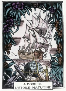 Navire en mer : Illustration du début du XXe siècle par Jean-Gabriel Daragnes pour le livre « À bord de l