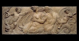 Nymphe et petit génie chevauchant un cheval marin ; Nymphe et Triton entourés de deux petits génies. Bas-relief. Sculpture en pierre par Jean Goujon (1510-1567)