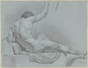 Homme nu couché, à moitié assis appuyé sur le bras gauche