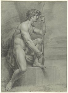 Homme nu assis avec bâton et jambe gauche levée - Jean Grandjean