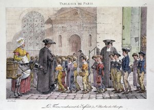 Ancien métier de rue à Paris : les frères conduisant les enfants à Saint-Nicolas-des-Champs, École catholique - Gravure par Jean Henry Marlet dans Les Tableaux de Paris, série de 72 estampes, fin du 19e siècle - Jean Henri Marlet