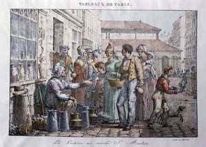 Ancien métier des rues de Paris : La laitière du marché Saint-Martin - Gravure par Jean Henry Marlet (1771-1847) dans « Les Tableaux de Paris », série de 72 estampes, fin du 19ème siècle
