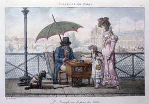 Scène de rue ancienne à Paris : mendiant aveugle sur le pont des arts. Gravure de Jean Henry Marlet (1771-1847) dans « Les Tableaux de Paris », série de 72 estampes, fin du XIXe siècle.