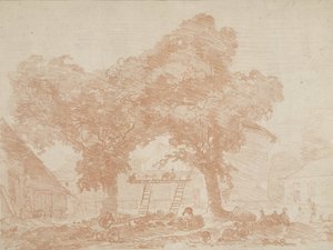 Ferme avec deux arbres, entre lesquels se trouvent des échelles
