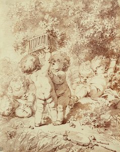 Six putti jouant, deux tenant une cage