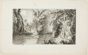 Paysage avec un promeneur et une cascade, planche 5 de la deuxième suite Livre de paysages
