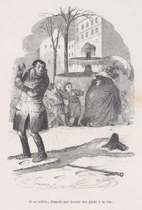 Il se lève, couvert de neige de la tête aux pieds. des Petites Misères de la vie humaine, 1843 - Jean Ignace Isidore Gérard