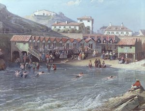 Le Début de la baignade en mer dans le vieux port de Biarritz (1858) - Jean Jacques Alban de Lesgallery