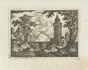 Tour et pont de pierre dans un paysage montagneux