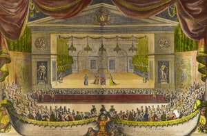 Représentation du malade imaginaire à Versailles. Représentation de la pièce de Jean Baptiste Poquelin dit Molière (1622-1673) devant la grotte de Thétis dans les jardins de Versailles en présence du roi Louis XIV