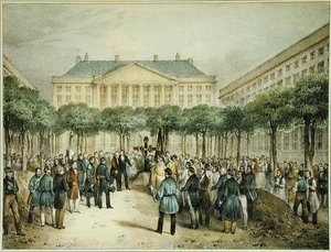 Enterrement des révolutionnaires sur la Place des Martyrs de la Liberté, Bruxelles, 2 octobre 1830, gravé par A.M. Jobard (fl.1820-20)