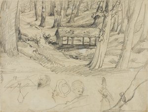 Intérieur de forêt avec hutte en chaume, et autres croquis