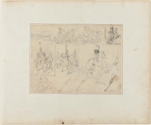 Feuille de croquis : Batailles de cavalerie et soldats à cheval - Jean Louis André Théodore Géricault