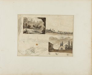 Feuille de croquis : Quatre paysages et un lévrier - Jean Louis André Théodore Géricault