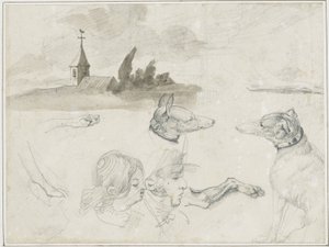 Feuille de croquis : Greyhounds ; Tête de mâle et de femelle en - Jean Louis André Théodore Géricault