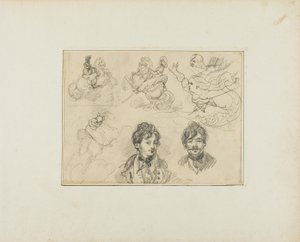 Feuille de croquis : Cavaliers, sirènes et deux portraits de jeunes hommes - Jean Louis André Théodore Géricault