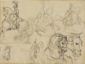 Croquis de carabiniers montés et de têtes de chevaux - Jean Louis André Théodore Géricault