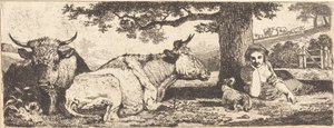 Deux vaches et une femme allongée