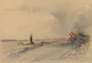 Terre dévastée, figures dans un paysage v. 1919 (lavis gris, aquarelle et gouache) - Jean Louis Forain