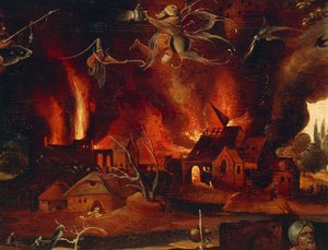 La tentation de Saint Antoine (détail montrant la ville en flammes et les démons) - Jean Mandyn
