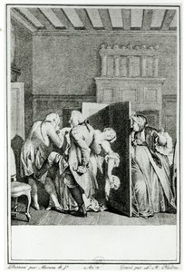 Le Baron... salua Candide avec quelques coups de pied notables sur le derrière et le chassa dehors, illustration du chapitre 1 de Candide par François Voltaire, gravé par Louis Michel Halbou - Jean Michel the Younger Moreau