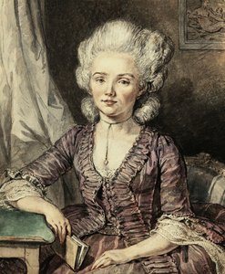 Une jeune femme assise à une table avec un livre, 1785