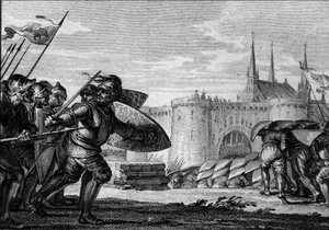 Armée viking attaquant Saint Germain des Prés et son abbaye. 9ème siècle. Gravure de Jean Michel Moreau, dit Moreau le Jeune (1741-1814) - Jean Michel the Younger Moreau