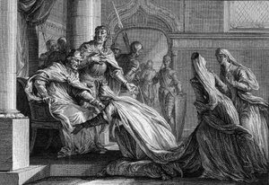 Emma de France, sœur de Hugues le Grand, se prosterne à ses pieds. Mariée à Raoul de Bourgogne, elle décide, à la demande de son frère, de donner la couronne de France à son mari, déclarant « mieux vaut embrasser son » - Jean Michel the Younger Moreau