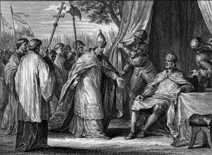 Entrevue entre le pape Grégoire IV (mort en 844) et Louis Ier le Pieux ou le Débonnaire (778-840), en 833, afin de régler le différend entre le roi et ses fils, Lothaire, Pépin et Louis. Gravure par Jean Michel Moreau, dit Moreau le Jeune (1741-1814)