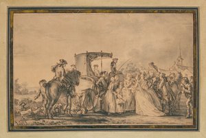 Marie-Antoinette, sortant de son carrosse et entourée de son cortège, réconfortant un paysan - Jean Michel the Younger Moreau