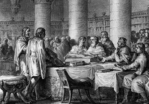 Rétablissement des études en Occident par le roi des Francs Charlemagne (747-814) et le moine Alcuin. 781. Gravure par Jean Michel Moreau, dit Moreau le Jeune (1741-1814)