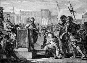 Tassilon III (Tassillon, Tassilo, 742-794), duc de Bavière, se prosterne devant Charlemagne (747-814), roi des Francs, à Ingelheim, 788. Il fut condamné pour trahison et condamné à mort mais finit sa vie dans un monastère. Gravure par Jean Michel Moreau