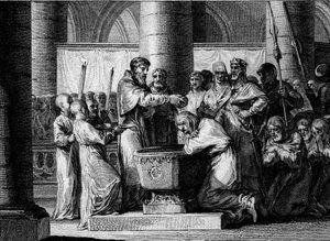 Guerre contre les Saxons, 785 : baptême de Witikin de Saxe (ou Widukind, Wittekind). Battu par l