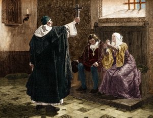 Le grand inquisiteur espagnol, Fray Tomas de Torquemada (1420-1498), parmi les rois catholiques Ferdinand II et Isabelle 1ère de Castille