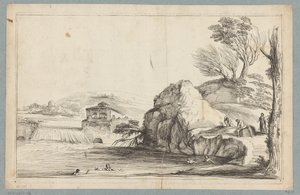 Paysage avec nageurs près d