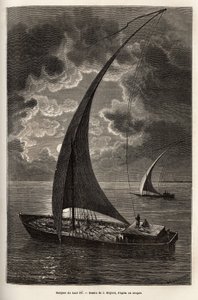 Les barques du haut Nil, équipage réduit et passagers dormant sur le pont, au clair de lune, gravure d