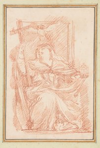 Figure féminine assise avec croix et modèle de bâtiment