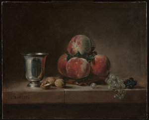 Nature morte avec pêches, un gobelet en argent, raisins et noix - Jean Baptiste Simeon Chardin