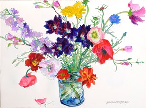 Lis, coquelicots et delphiniums (aquarelle et encre sur papier)